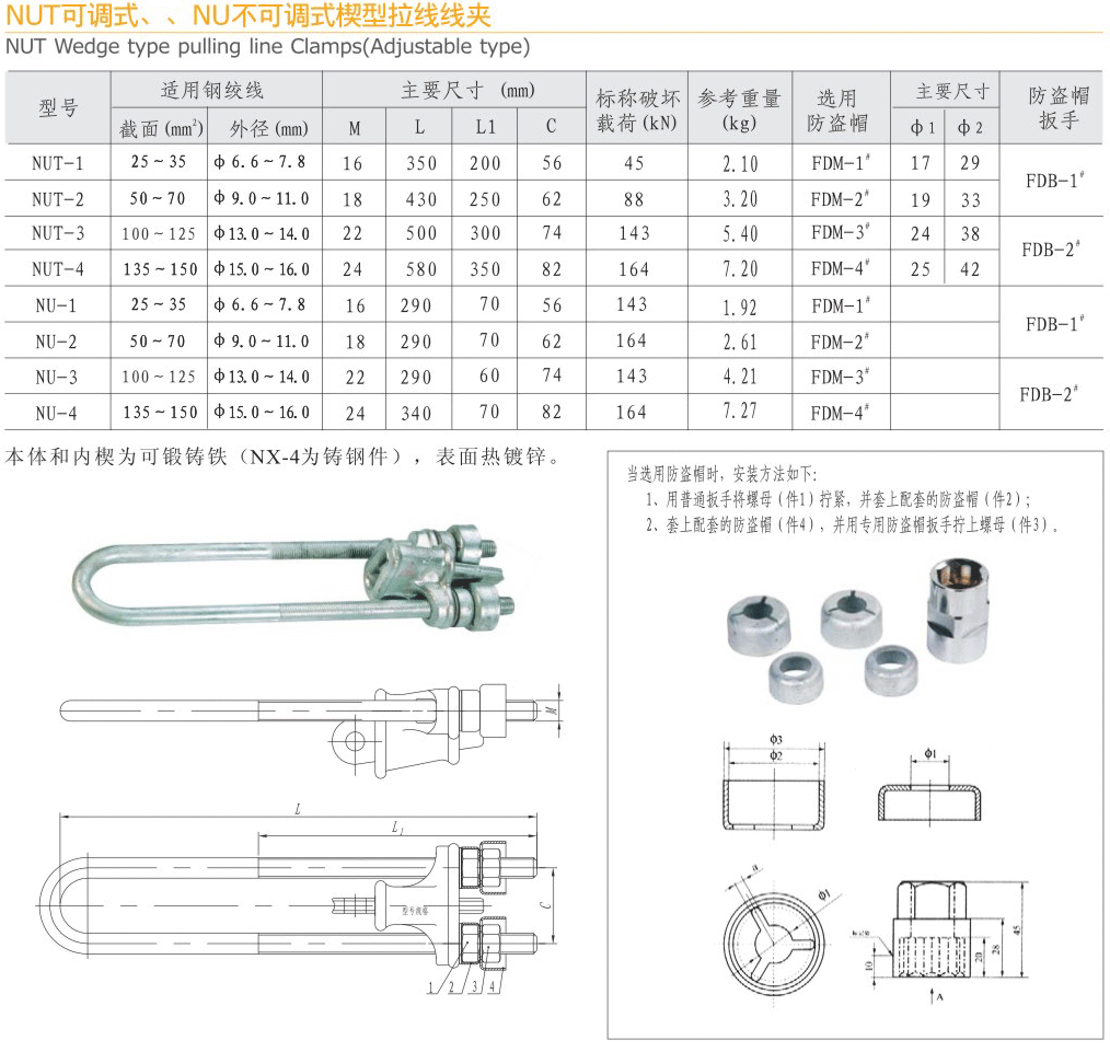 NUT可調(diào)式、NU不可調(diào)式楔型拉線線夾